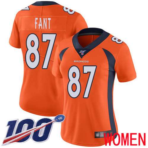 Women Denver Broncos #87 Noah Fant Orange Team Color Vapor Untouchable Limited Player 100th Season Football NFL Jersey